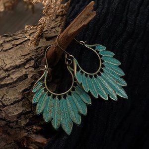 Bohemian Southwestern Feather Aged Bronze & Blue Green Handmade Earrings NEW